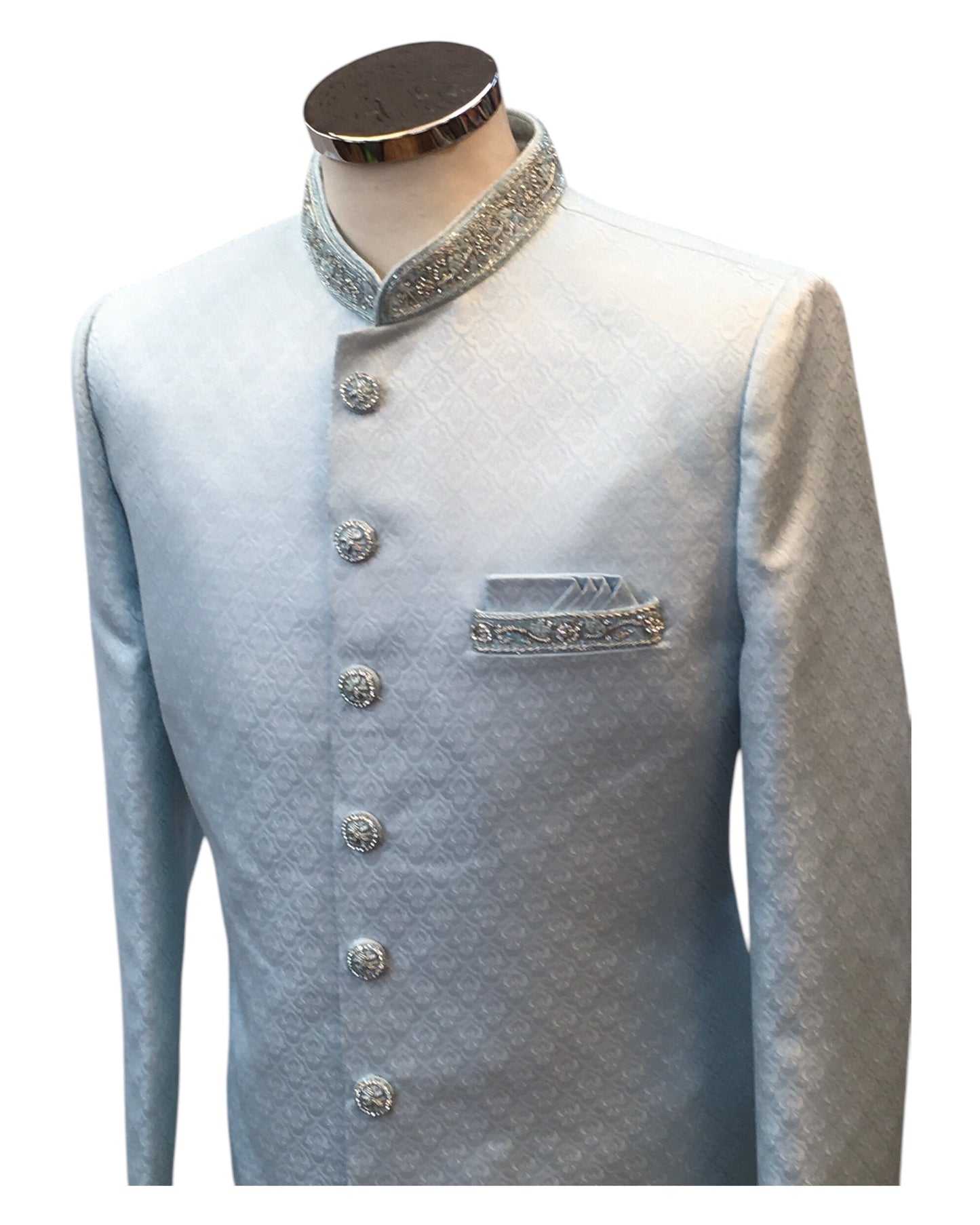 Sky / Light Blue - Rich Banarasi Brocade Sherwani with Zardosi Hand Embroidery -  BS978 01KYV25