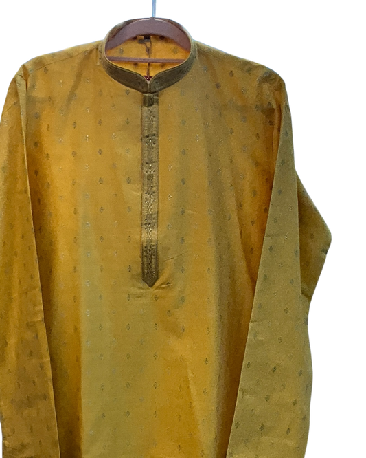 Pastel Yellow - Banarasi Handloom Brocade Mens Indian Kurta set with Trousers - UK Stock - Weddings / Walimas , Sangeet, Diwali, Eid, Mehndi / Henna - VEE3009 VV