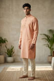 Peach - Soft Cotton Self Woven Mens Kurta Set - Perfect under a Waistcoat - Sangeet Mehendi Haldi - KCS1263 03KJ26