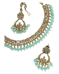Sea Green - Antique Gold Finish Necklace & Earrings Set - Bollywood - Weddings - KAJ1039 11KK24