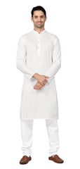 White - Pure Cotton Mens Indian Kurta set Sangeet, Temple, Eid, Mehndi or Funeral ( with Draw stringed trousers) - Cello KK
