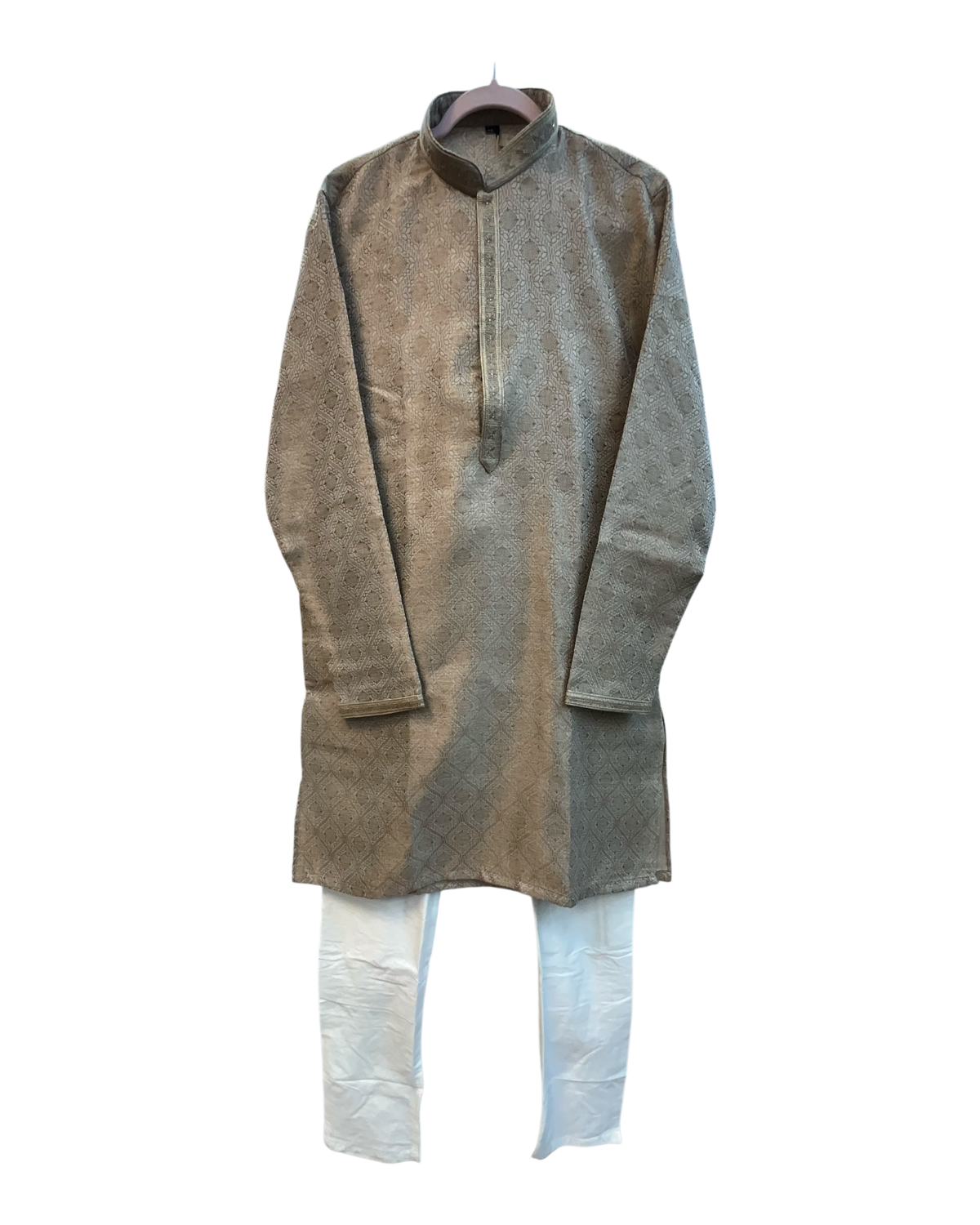 Light Brown - Banarasi Handloom Brocade Mens Indian Kurta set with Trousers - UK Stock - Weddings / Walimas , Sangeet, Diwali, Eid, Mehndi / Henna - VEE2508 VR