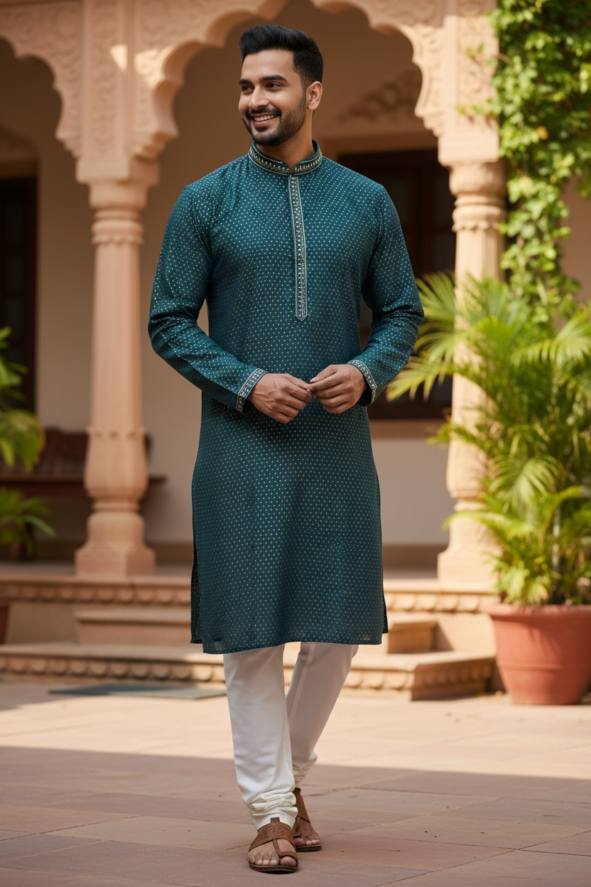 Dark Teal - Banarasi Handloom Brocade Mens Indian Kurta set - UK Stock - Weddings / Walimas , Sangeet, Diwali, Eid, Mehndi / Henna - VEE2429 VP