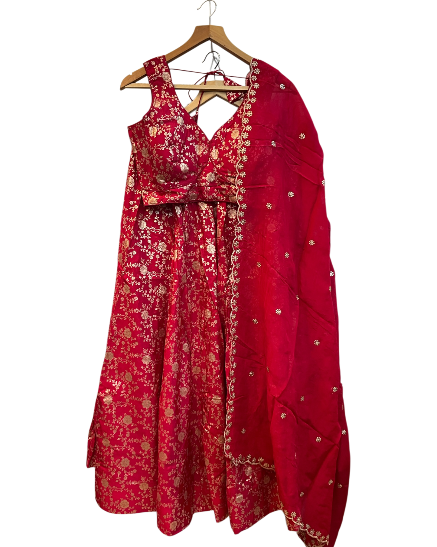 Red - Banarasi Brocade Silky Lehenga Set - Mehndi / Sangeet / Bridesmaids / Weddings / Garba  - Size UK 12 (38" Bust) Adjustable to Size 14 - UK Stock - 24h Dispatch - AF2601 02VP26