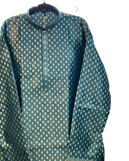 Dark Turquoise Blue - Men’s Embroidered Jacquard Kurta Set with Trousers - UK Stock - Weddings / Walimas , Sangeet, Diwali, Eid, Mehndi / Henna - VEE3130 VY