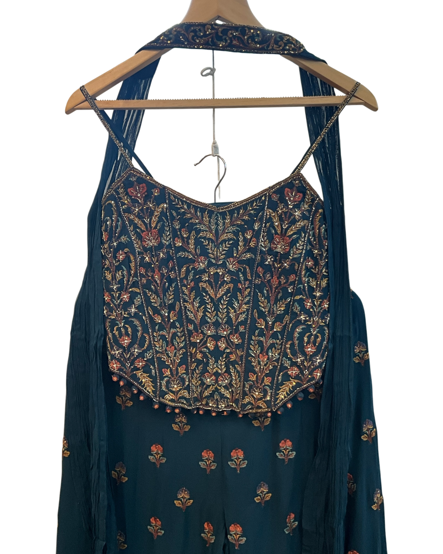 UK 10-12 / 36"- 38" - Dark Teal Blue - Designer Ladies Indian Short Corset / Tie Back Top Palazzo Trousers Suit - UK Stock - 2/3 days delivery - VMK Tarini AP
