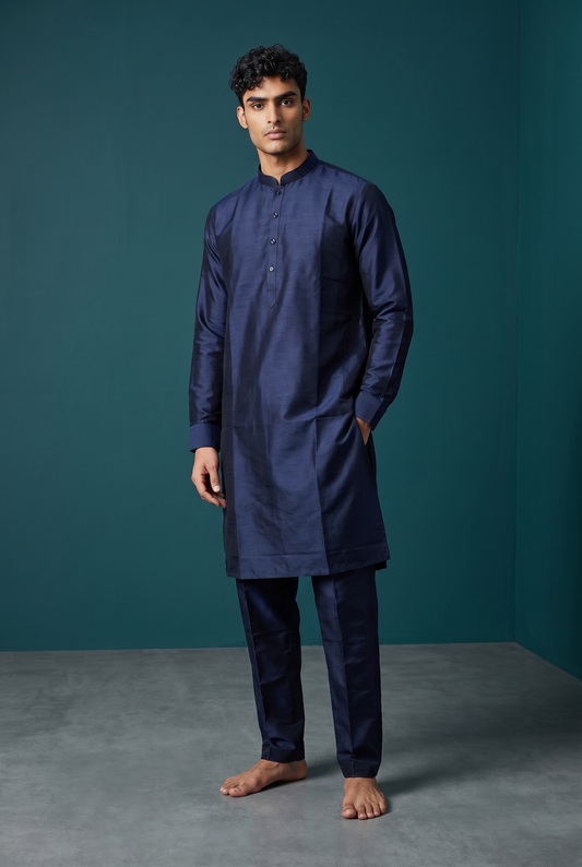 Navy Blue - Plain Silky Mens Indian Kurta set with Trousers - UK Stock - Weddings / Walimas , Sangeet, Diwali, Eid, Mehndi / Henna - EM66 05KJ26