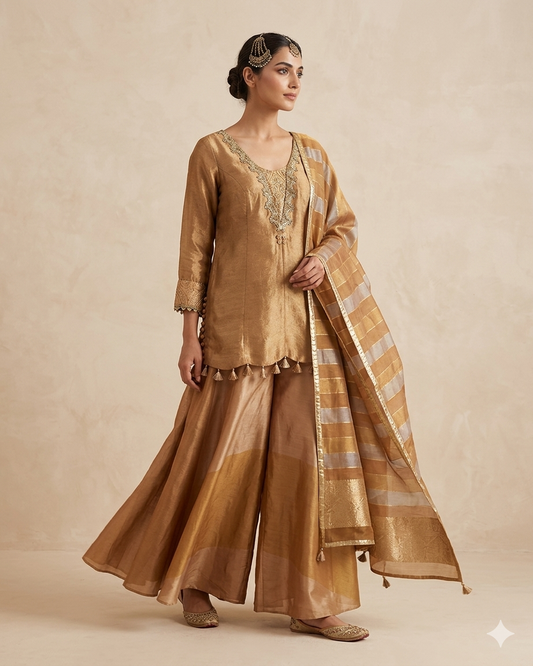Size 12 (38") - Golden / Mustard Yellow - Designer Ladies Medium Top Palazzo Trousers Suit - VMK URSHITA RY