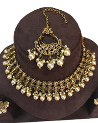 Gold / Nuetral - Large Size Antique Gold Finish Necklace Set with Earrings - VJY403  C 0424