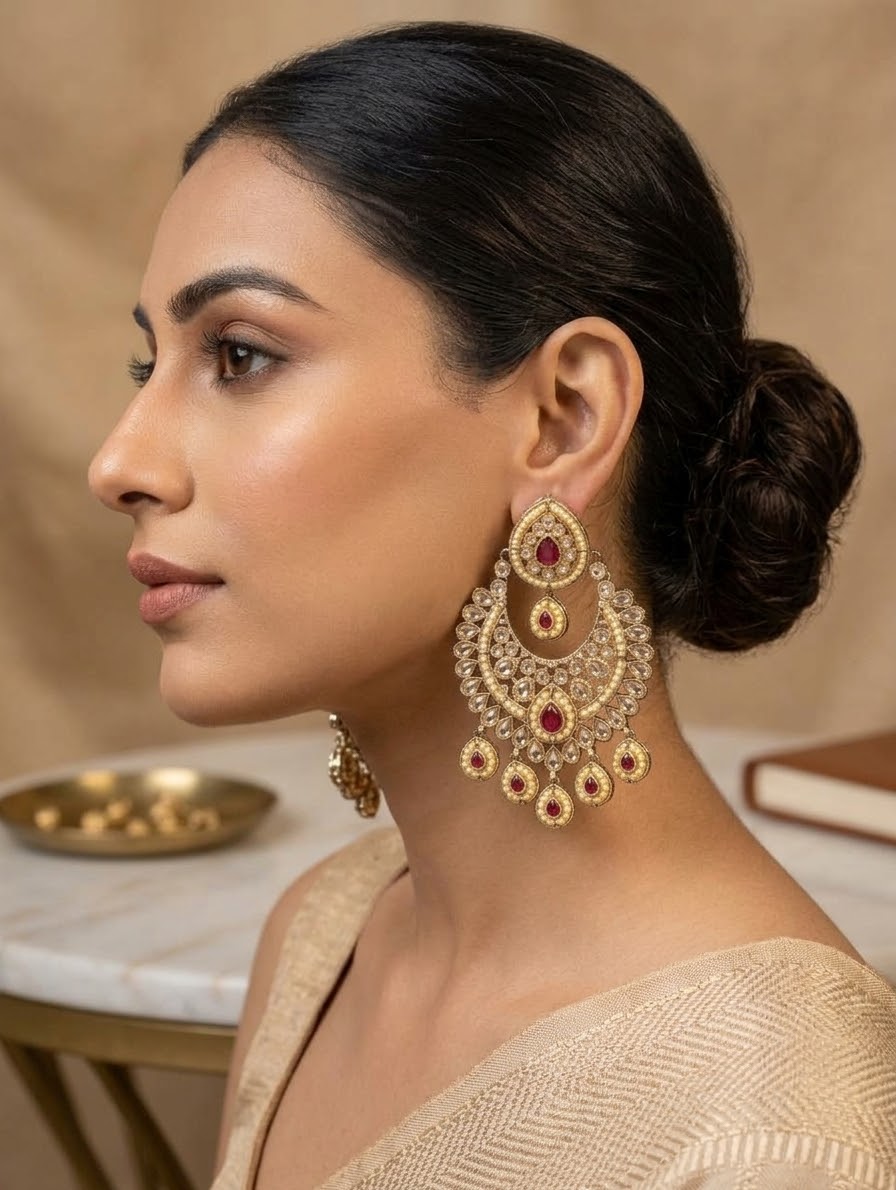 Dark Pink / Magenta - Royal Teardrop Kundan & Pearl Chandbali Earrings - 6ER240 10Rp26