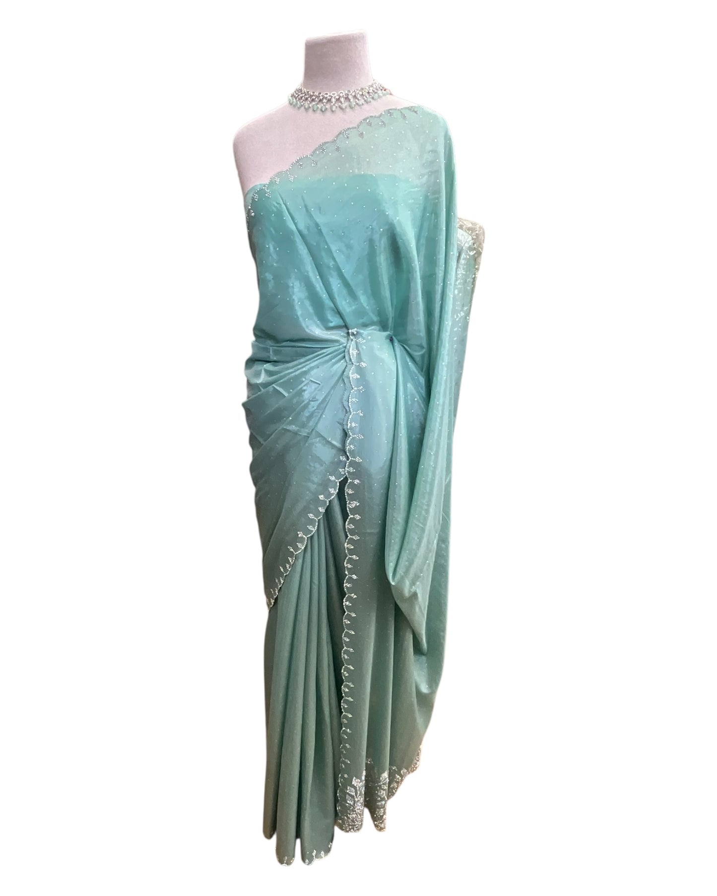 Sea Green - Crepe Chiffon  - Diamante Border Saree with Blouse Piece - DAZ56003 VY 0425