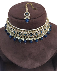 Navy Blue - Medium Size Antique Gold Finish Choker Necklace Set with Earrings - RAK149  C 0424