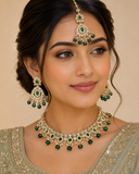 Green - Large Size Antique Gold Finish Necklace Set with Earrings & Tika (Head Piece) - UK Stock - JIG86 08C25