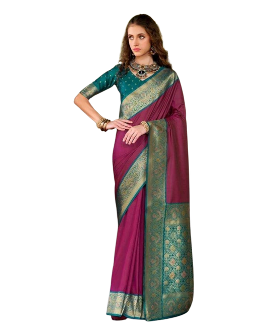 Dark Magenta - Silky Handloom Banarasi Saree with Blouse Piece - RP386 12KH25