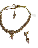 Pink - Medium Size Gold Finish Necklace Set with Earrings & Head Piece - SLV90 04Cp26