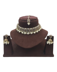 Gold / Pearl- Medium Reverse Stone Choker Necklace set - Bollywood - Weddings - MNA935 C 0923