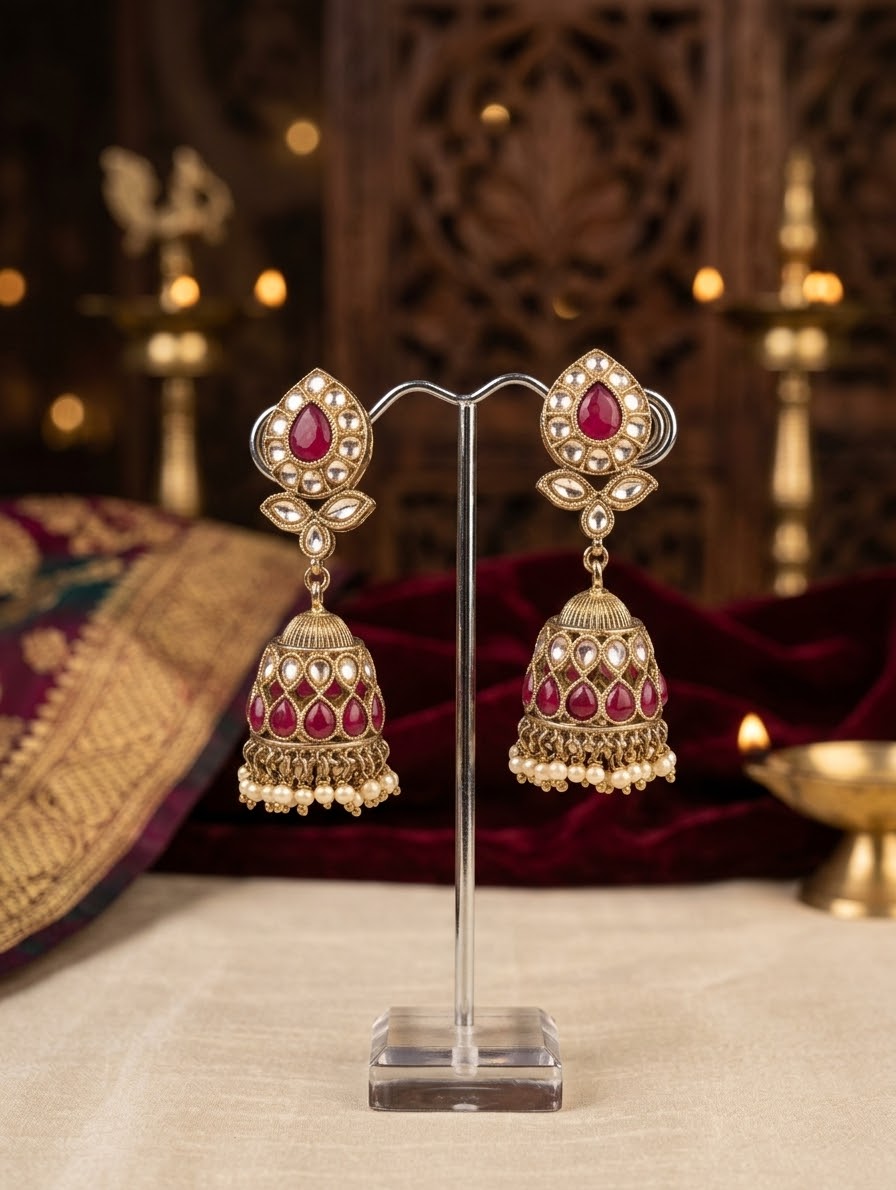 Dark Pink / Magenta - Royal Teardrop Kundan & Pearl Jhumka Earrings - 6JE06 10Pp26