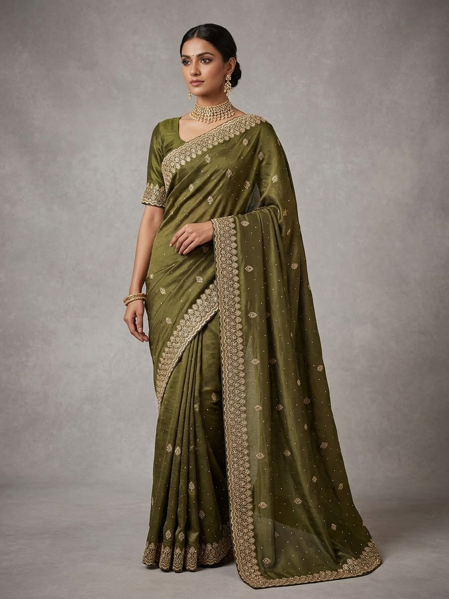 Mehndi Henna Green - Fancy Party Saree with Blouse Piece - UK stock - 24hr Dispatch - SP2603 VY