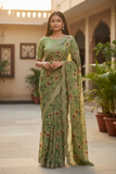 Sage Green - Printed Crepe Silky Saree with Blouse Piece - UK stock - 24hr Dispatch - RS2527 TJ