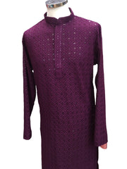 Purple - Lucknowi Sequins Mens Indian Kurta set Sangeet, Temple, Eid, Mehndi or Funeral ( with Draw stringed trousers) - KCS1037 KH 0324
