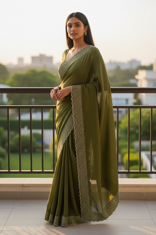 Mehndi Green - Classic Saree with Stone Work Border and Blouse Piece - UK stock - 24hr Dispatch - RS2538 VP
