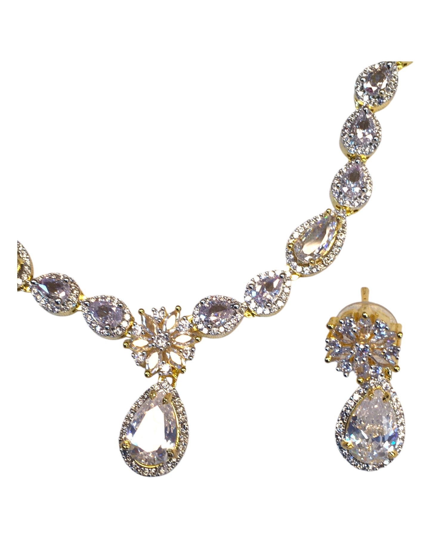 Clear - American Diamond Style Gold Finish Small Size Necklace Set with Earrings - AE2422 11H24