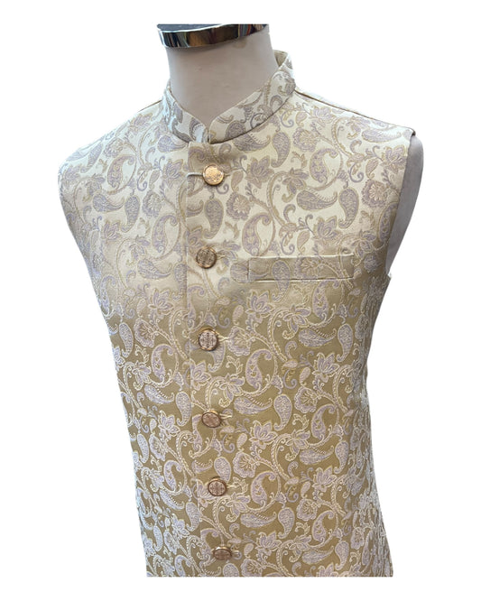 Cream with Lilac & Gold Thread Brocade - Premium Mens Waistcoat - VNS-JKT7910/1 10KJ25