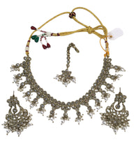 Clear / Neutral - Medium Size Antique Gold Finish Necklace Set with Earrings - KAJ1015  KV 0424