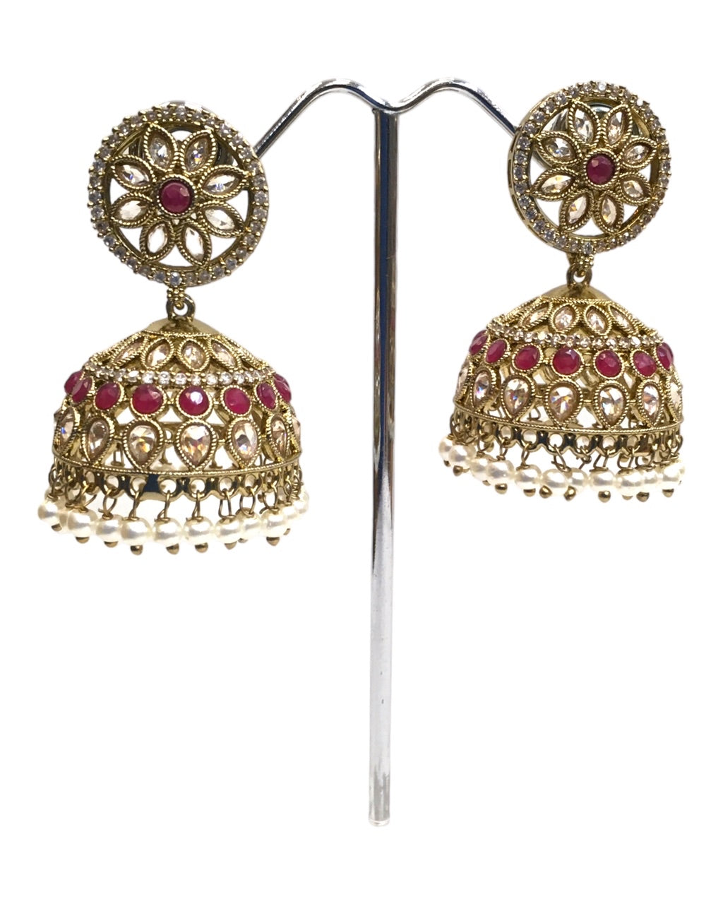 Magenta - Antique Gold Finish Traditional Zhumki Earrings - Bollywood - Weddings - SV934 C 1023