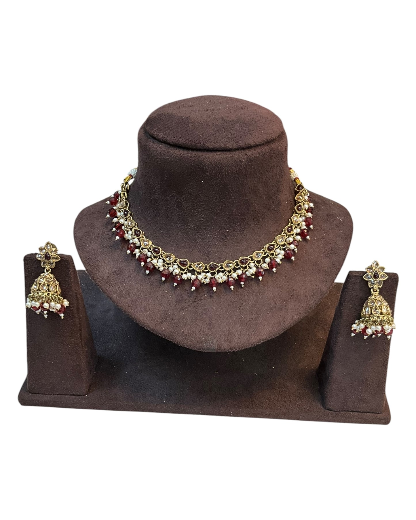 Maroon - Medium Size Antique Gold Finish Necklace Set with Earrings - RAK375 Pp