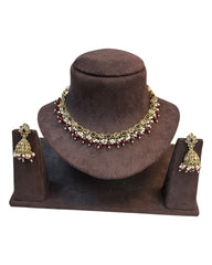 Maroon - Medium Size Antique Gold Finish Necklace Set with Earrings - RAK375 Pp