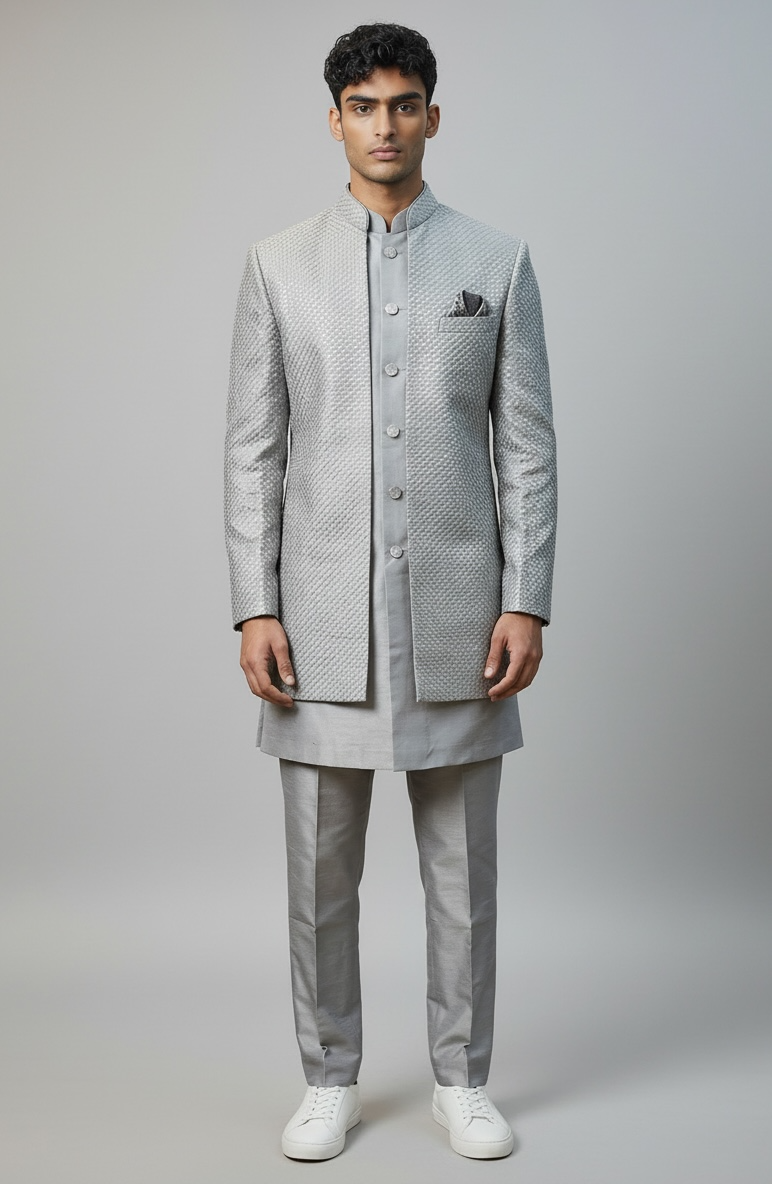 Silver / Grey - Mens Knee Length  Jacket with Long Waistcoat - Sherwani / Indo-Western - Fantastic Fit - KCS6600 03PV26