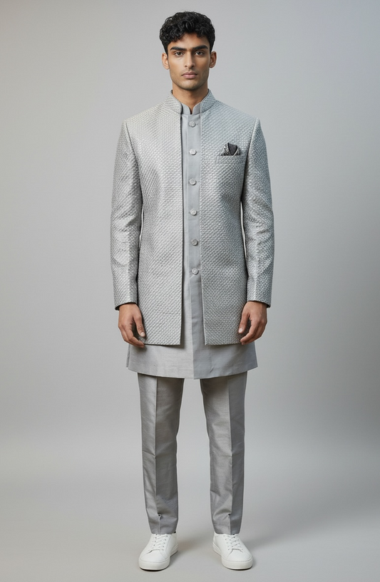 Silver / Grey - Mens Knee Length  Jacket with Long Waistcoat - Sherwani / Indo-Western - Fantastic Fit - KCS6600 03PV26