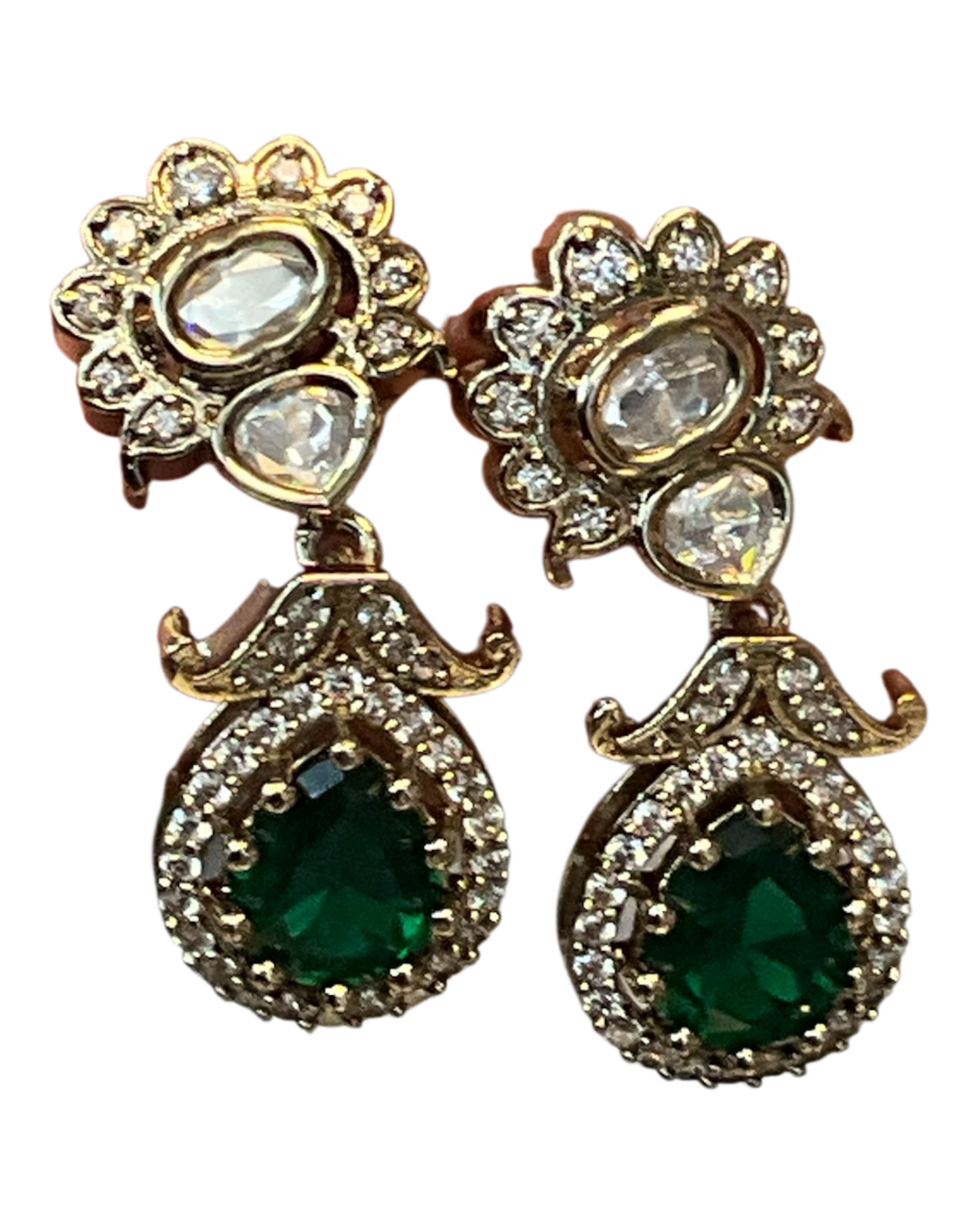 Green - Small - Antique Gold Finish Traditional Earrings - Bollywood - Weddings - 15ER715 07J26