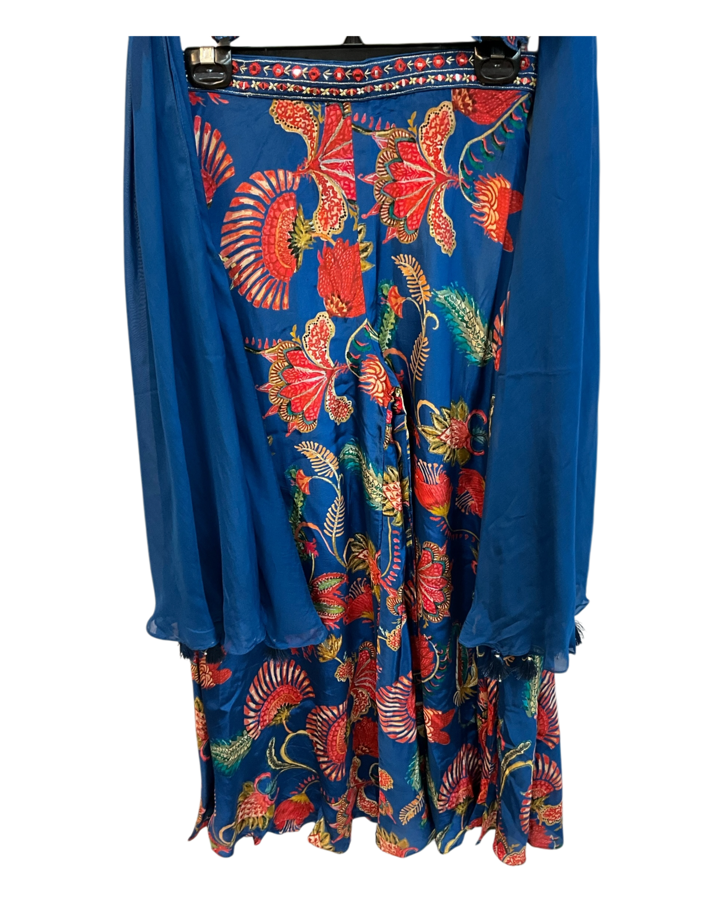 UK 12 / 38" - Petrol Blue Floral Printed - Designer Ladies Indian Short Top Palazzo Trousers Suit - UK Stock - 2/3 days delivery - VMK PUSHPA PR