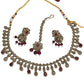 Maroon - Medium Size Antique Gold Finish Necklace Set with Earrings - KAJ1017 04C24