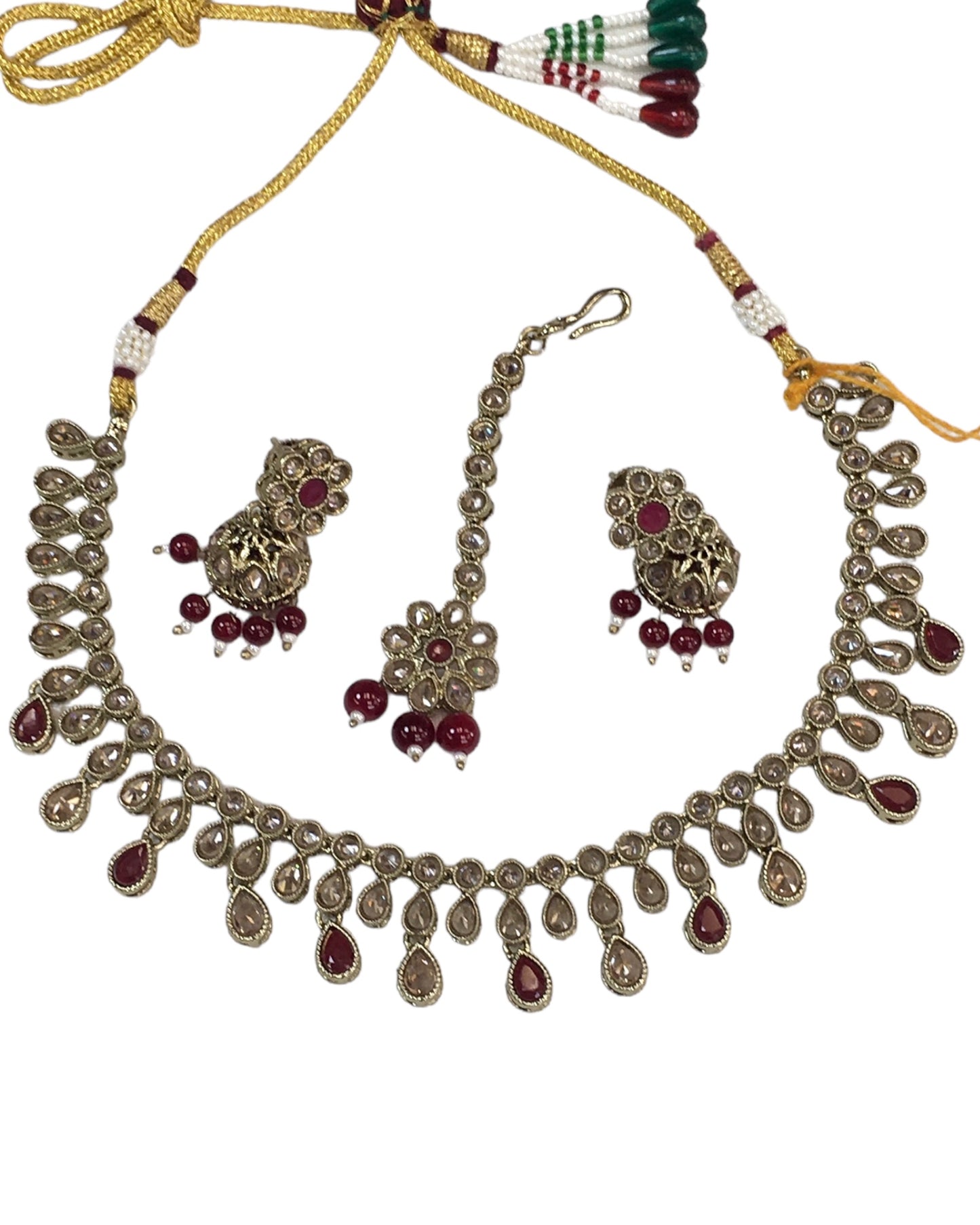 Maroon - Medium Size Antique Gold Finish Necklace Set with Earrings - KAJ1017 04C24