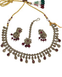 Maroon - Medium Size Antique Gold Finish Necklace Set with Earrings - KAJ1017 04C24