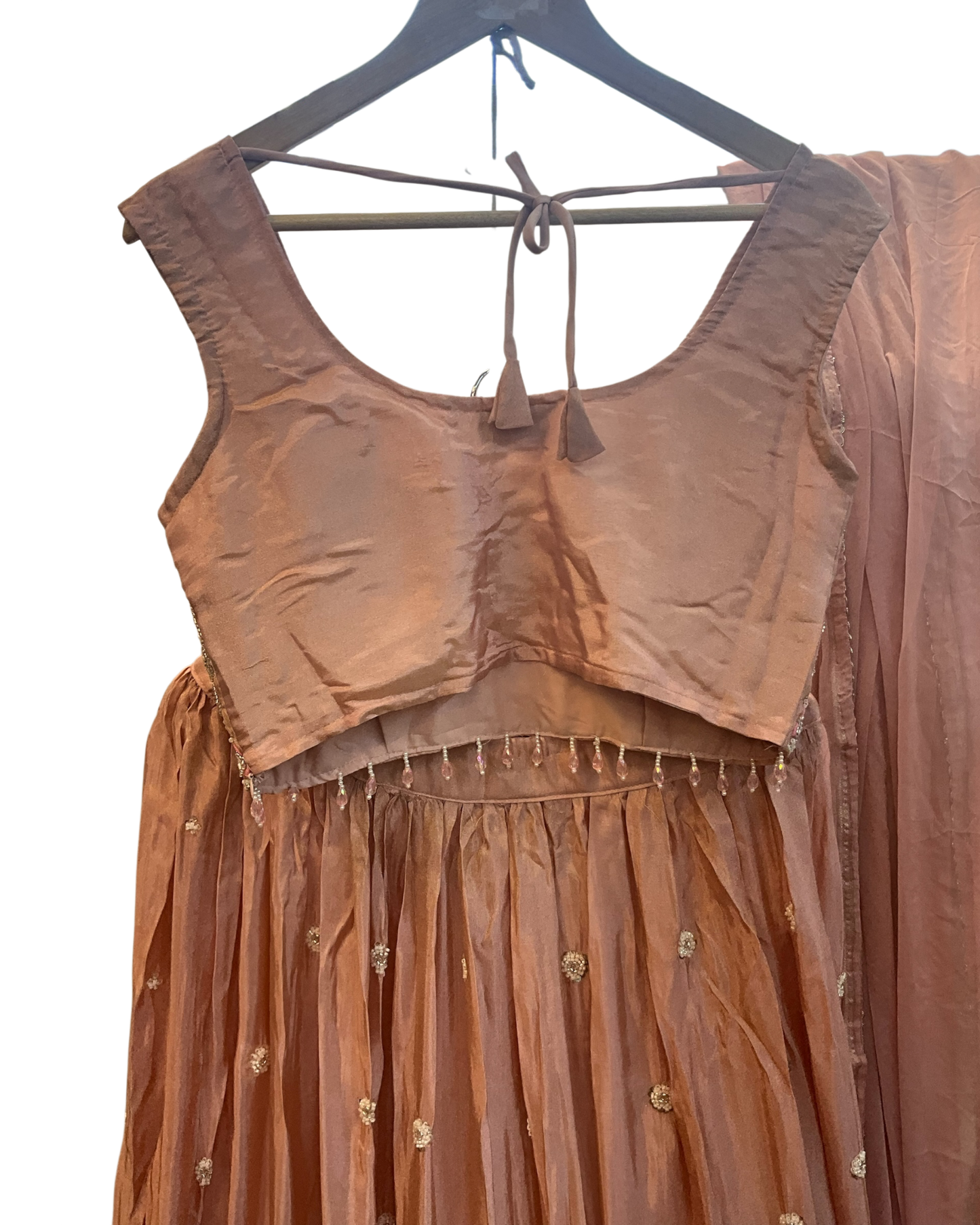 Size UK 10 (36" Bust) Adjustable to Size 12 - Pastel Coral Pink / Peach - Silky Lehenga Set - Mehndi / Sangeet / Bridesmaids / Weddings / Garba  - UK Stock - 24h Dispatch - KM557 07TP26