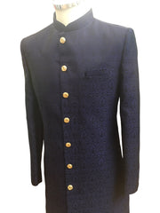 Navy Blue - Classic Self Brocade Sherwani with Gold Buttons -  BS786 JP 0823