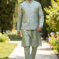 Cream - Sage Green Brocade - Premium Banarasi Handloom - Mens Indian Waistcoat - UK Stock - 24 hr Dispatch - VNS2607 03KP26