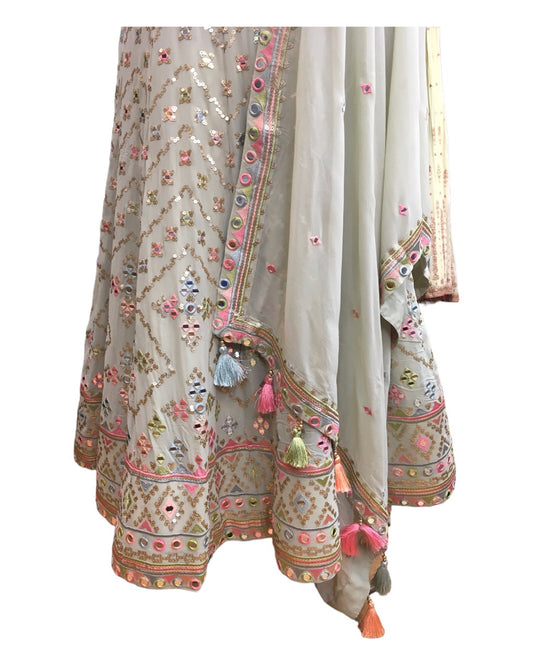 Sage Green - Mirror Work Chiffon Designer Lehenga Set - UK Stock - 24h Dispatch - Jaimala HP 0124