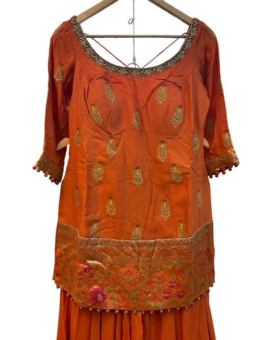 UK 10 / 36" - Orange - Designer Ladies Sharara / Palazzo Trousers Suit - UK Stock - Sangeet / Henna / Weddings - VMK Suriya 04RY26