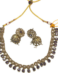Purple - Medium Size Antique Gold Finish Necklace Set with Earrings - SV2403  H 0424
