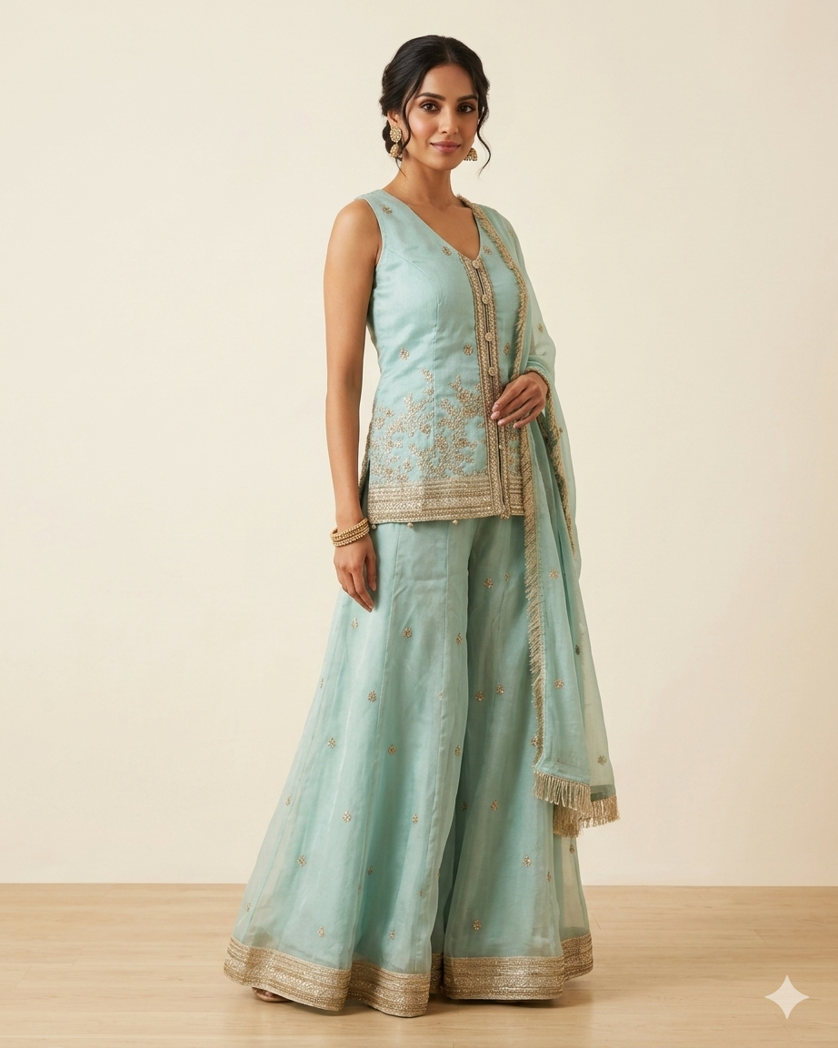Size 12 (38") - Sea Green - Designer Ladies Mid Length Top Palazzo Trousers Suit - VMK Rachel AY