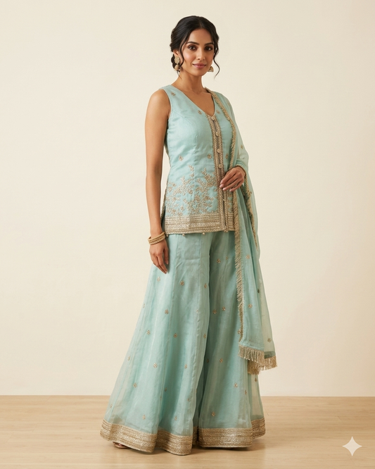 Size 12 (38") - Sea Green - Designer Ladies Mid Length Top Palazzo Trousers Suit - VMK Rachel AY
