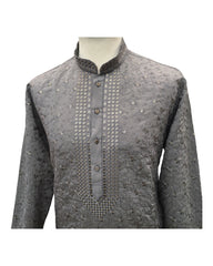 Silver / Grey - Cotton Silky Self Brocade Mens Kurta Set - Sangeet Mehendi Haldi - KCS1193 VC 1123