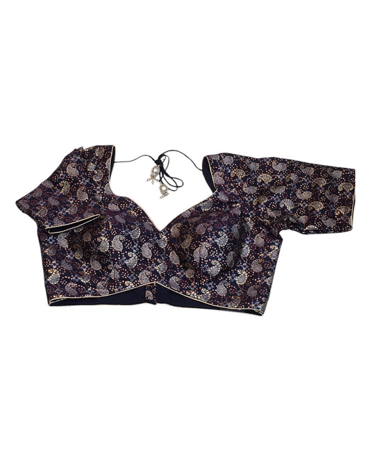 36" Bust (UK 10) Navy Blue with Maroon - Banarasi Brocade Saree / Lehenga blouse - Can be let out to size 12  - VFJ250 01KY25
