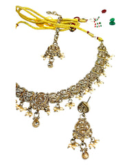 Gold / Neutral - Medium Size Antique Gold Finish Necklace Set with Earrings & Tika Head piece - SAJ04  08C25