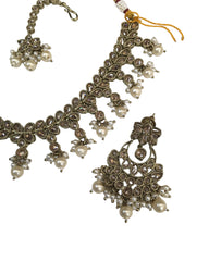 Gold / Neutral - Medium Size Antique Gold Finish Necklace Set with Earrings - KAJ1015  KV 0424